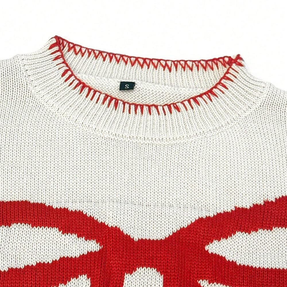 White Casual Long Sleeve Women's Sweater with Bow Decor - Picture 5 of 8